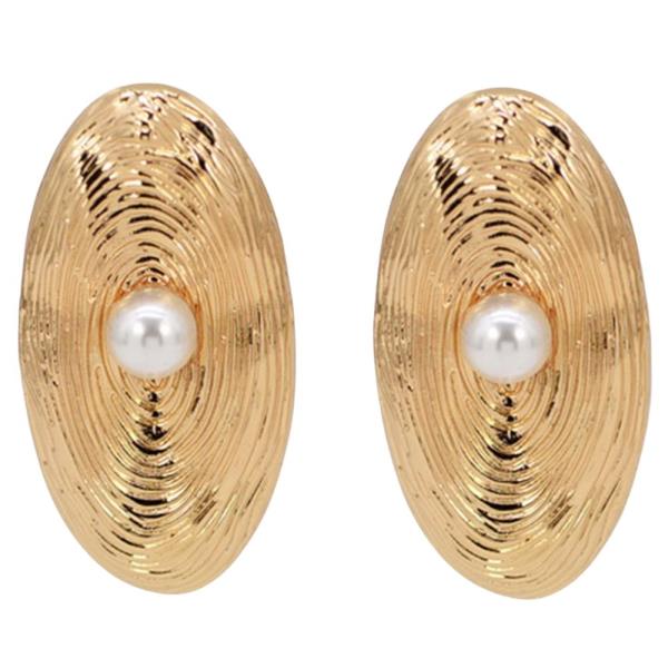 TEXTURED METAL FAUX PEARL OVAL STUD EARRINGS