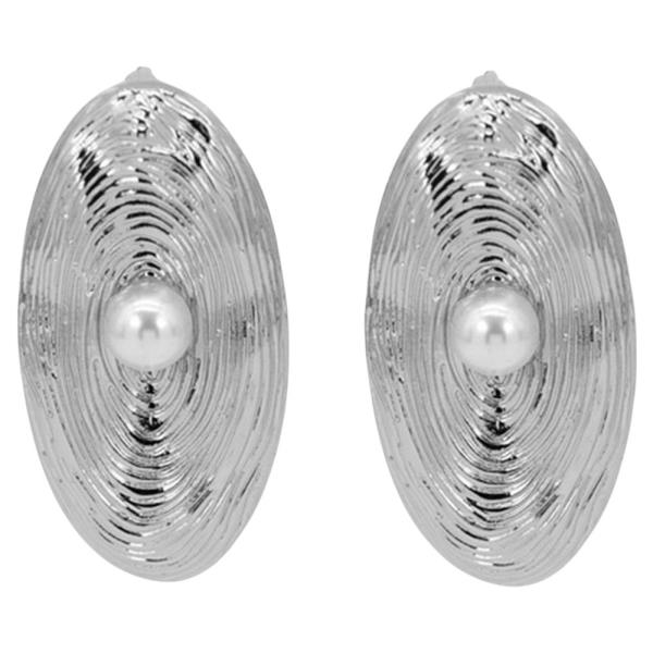 TEXTURED METAL FAUX PEARL OVAL STUD EARRINGS