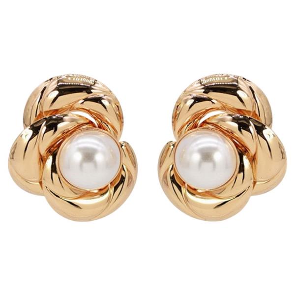 BRAIDED METAL FAUX PEARL CENTER POST EARRING