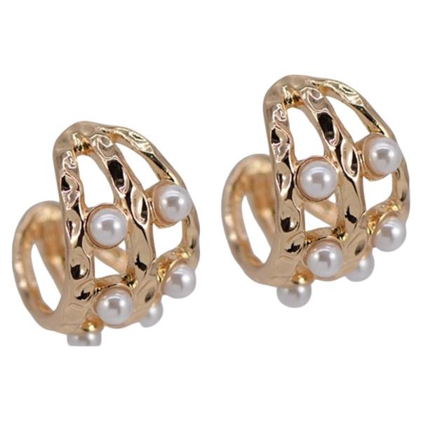 TEXTURED METAL FAUX PEARL EMBEDDED WIDE CUFF POST EARRING
