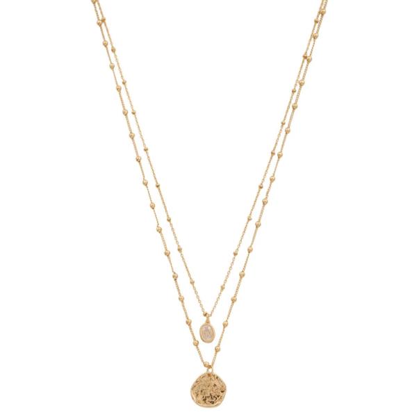 HAMMERED METAL COIN CHARM OVAL CRYSTAL LAYERED NECKLACE