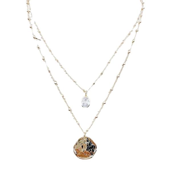 HAMMERED METAL COIN CHARM OVAL CRYSTAL LAYERED NECKLACE
