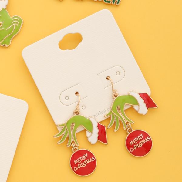 MERRY CHRISTMAS ORNAMENT GRINCH HAND EARRING