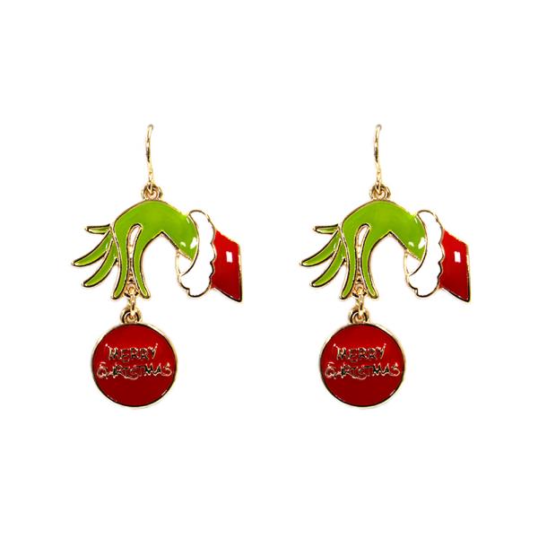 MERRY CHRISTMAS ORNAMENT GRINCH HAND EARRING