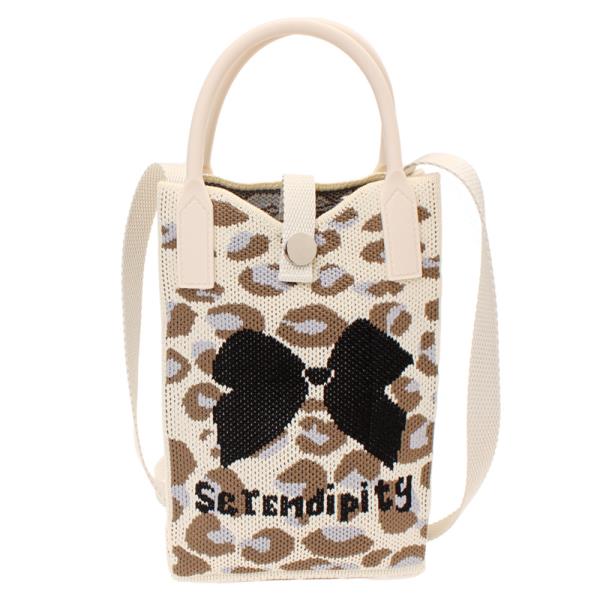 KNITTED LEOPARD BOW TOTE CROSS BODY BAG