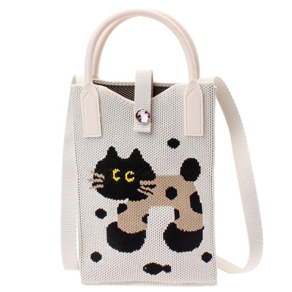 KNITTED POLKADOT CAT TOTE CROSS BODY BAG