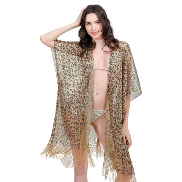 LEOPARD METALLIC SHEER KIMONO COVER-UP WITH FRINGE HEM