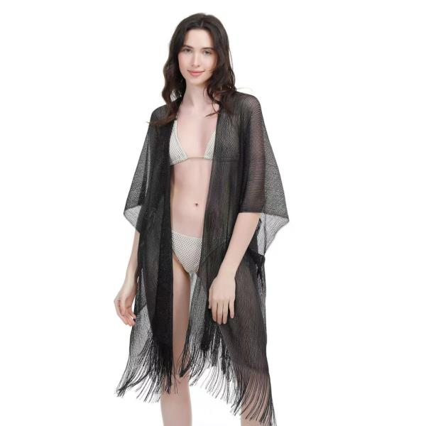 METALLIC SHEER KIMONO COVER-UP WITH FRINGE HEM