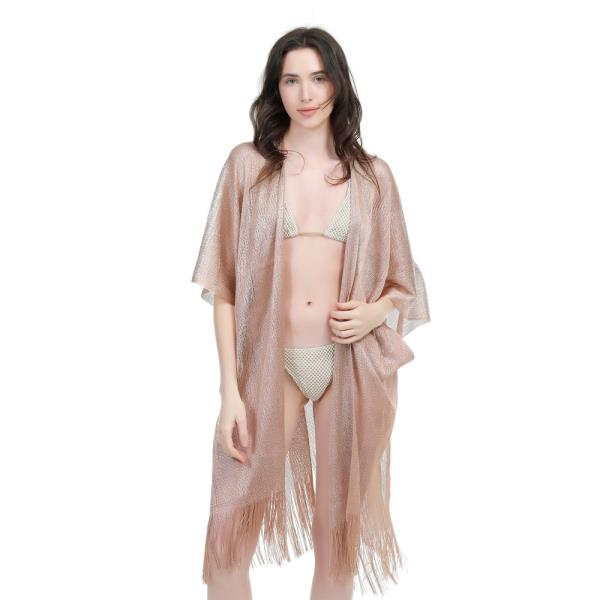 METALLIC SHEER KIMONO COVER-UP WITH FRINGE HEM