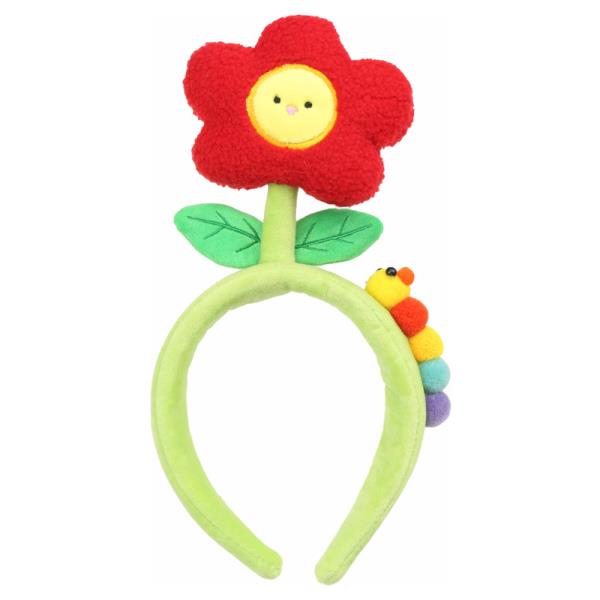 PLUSH FLOWER HEADBAND WITH LEAVES AND CATERPILLAR DECORATION