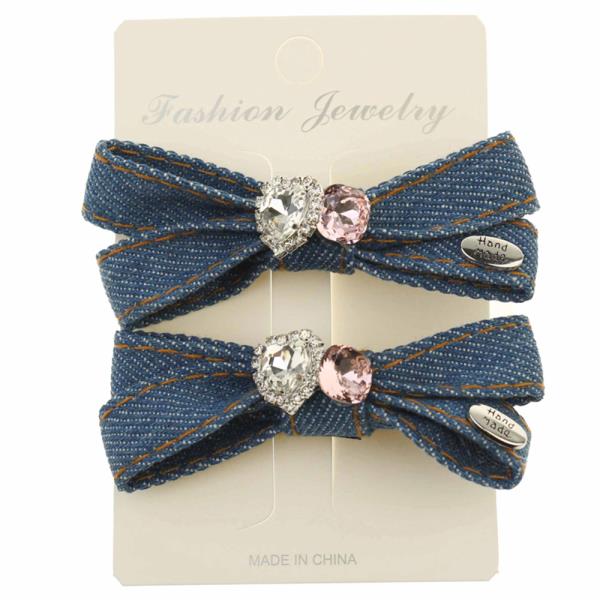 DENIM HEART STONE BOW HAIR PIN