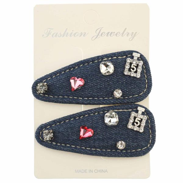 DENIM RHINESTONE HEART PERFUME HAIR PINS
