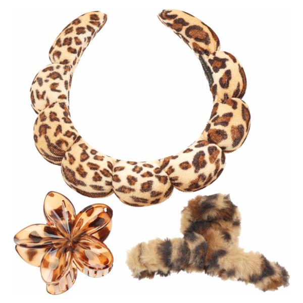LEOPARD CHUNKY HEADBAND FLOWER FURRY HAIR CLAW CLIP SET