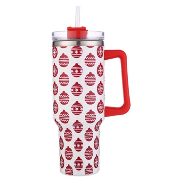 CHRISTMAS ORNAMENT HANDLE TUMBLER CUP WITH STRAW