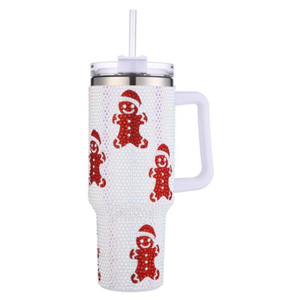 CHRISTMAS GINGERBREAD RHINESTONE HANDLE TUMBLER CUP WITH STRAW