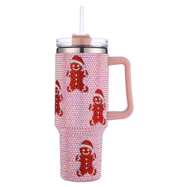 CHRISTMAS GINGERBREAD RHINESTONE HANDLE TUMBLER CUP WITH STRAW