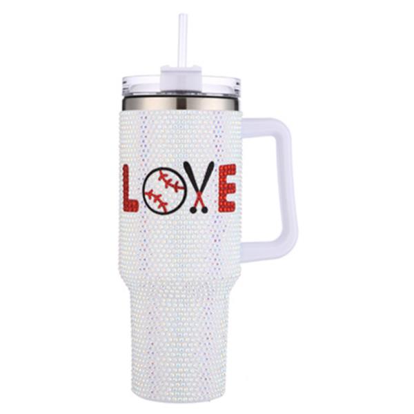 BASEBALL LOVE RHINESTONE HANDLE TUMBLER CUP WITH STRAW