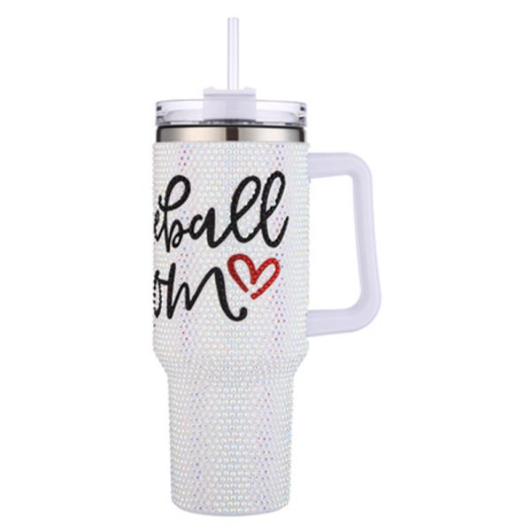 BASEBALL MOM RHINESTONE SANTA HANDLE TUMBLER CUP WITH STRAW