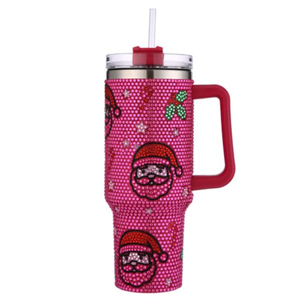 HOLIDAY CANDY RHINESTONE SANTA HANDLE TUMBLER CUP WITH STRAW