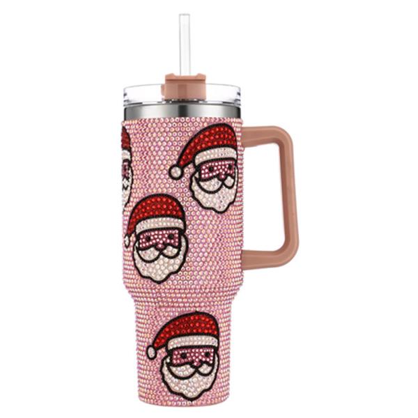 CHRISTMAS BLING SANTA RHINESTONE HANDLE TUMBLER CUP WITH STRAW