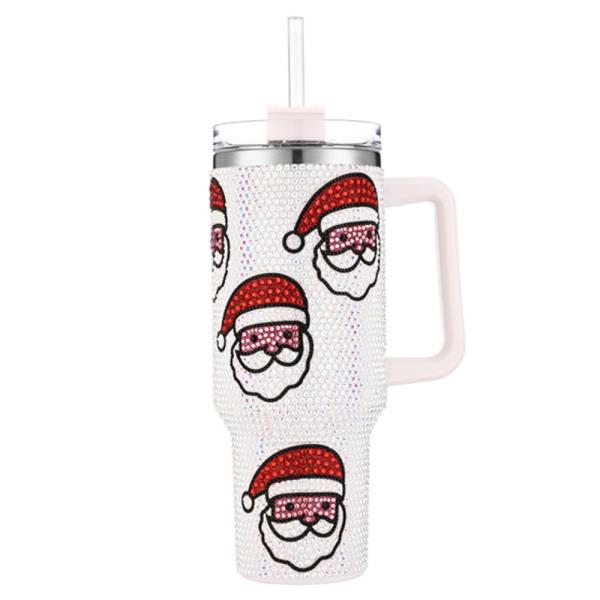 CHRISTMAS BLING SANTA RHINESTONE HANDLE TUMBLER CUP WITH STRAW