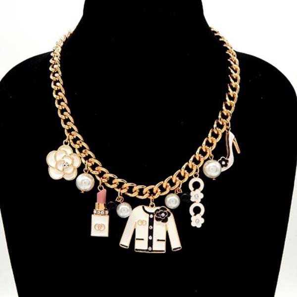 LIPSTICK JACKET HIGH HEEL AND FLOWER THEME CHARM NECKLACE