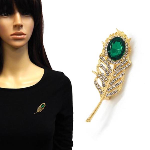 RHINESTONE AND GLASS LEAF SHAPE BROOCH