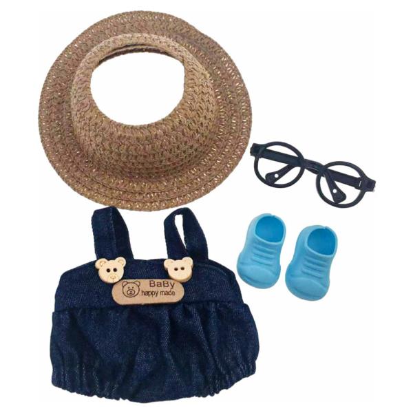 MINI DOLL DENIM SUN HAT GLASSES OVERALLS SHOES OUTFIT SET