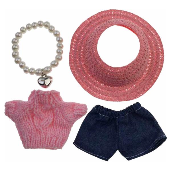 MINI DOLL SUNHAT SWEATER DENIM PANTS PEARL NECKLACE OUTFIT SET