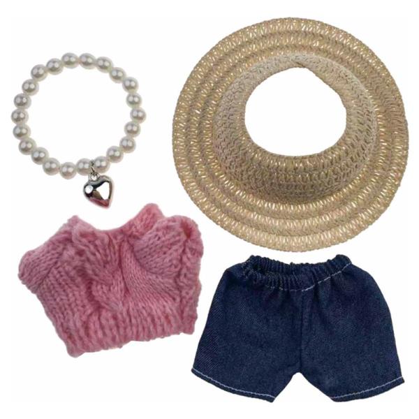 MINI DOLL SUNHAT SWEATER DENIM PANTS PEARL NECKLACE OUTFIT SET