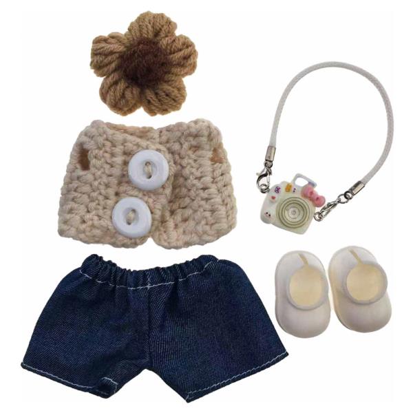 MINI DOLL FLOWER PIN BROWN TOP DENIM CAMERA BAG SHOES OUTFIT SET