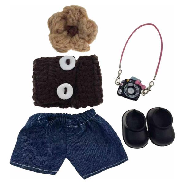 MINI DOLL FLOWER PIN DARK BROWN TOP DENIM CAMERA BAG SHOES OUTFIT SET