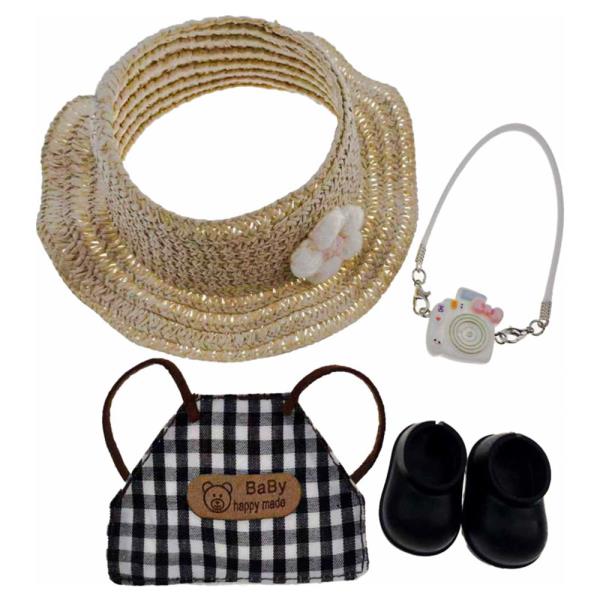 MINI DOLL SUN HAT APRON CAMERA BAG SHOES OUTFIT SET