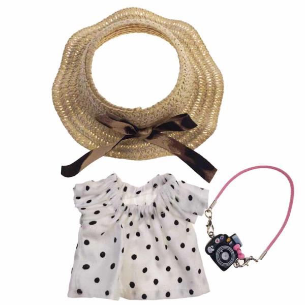 MINI DOLL SUN HAT POLKA DOT DRESS CAMERA BAG OUTFIT SET