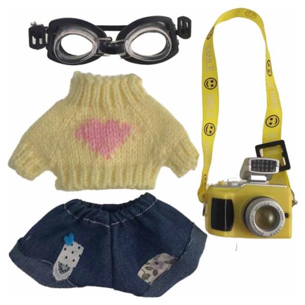 MINI DOLL GOGGLE KNIT HEART SWEATER CAMERA BAG OUTFIT SET