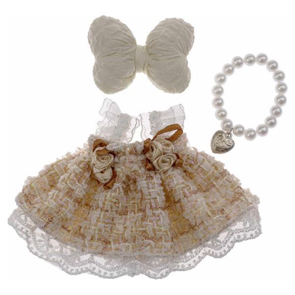 MINI DOLL BOW ACCENT TWEED LACE FLOWER DRESS PEARL BRACELET OUTFIT SET