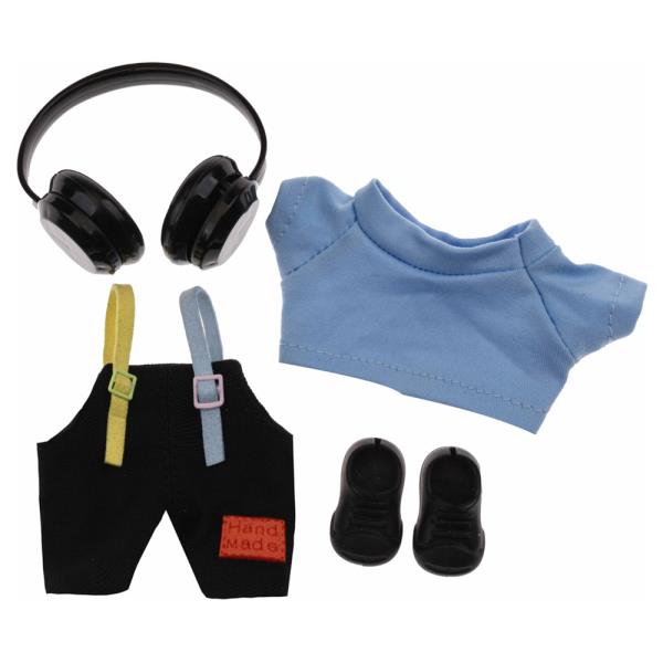 MINI DOLL BLUE TEE BLACK OVERALLS HEADPHONE SHOES OUTFIT SET