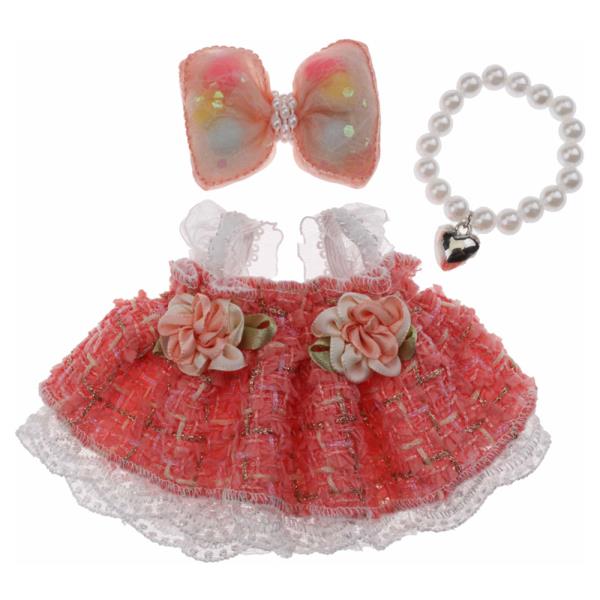 MINI DOLL BOW ACCENT TWEED LACE FLOWER DRESS PEARL BRACELET OUTFIT SET