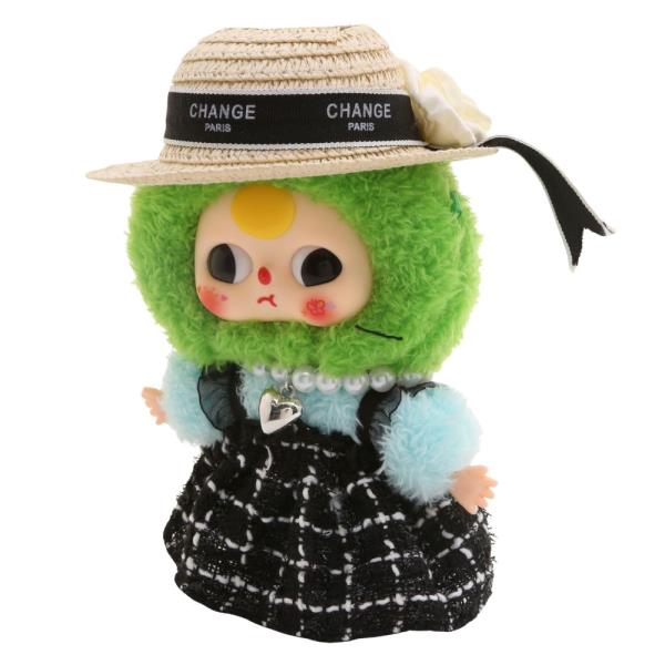 MINI DOLL FLOWER DECOR STRAW HAT CHECK PATTERN DRESS PEARL BRACELET OUTFIT SET