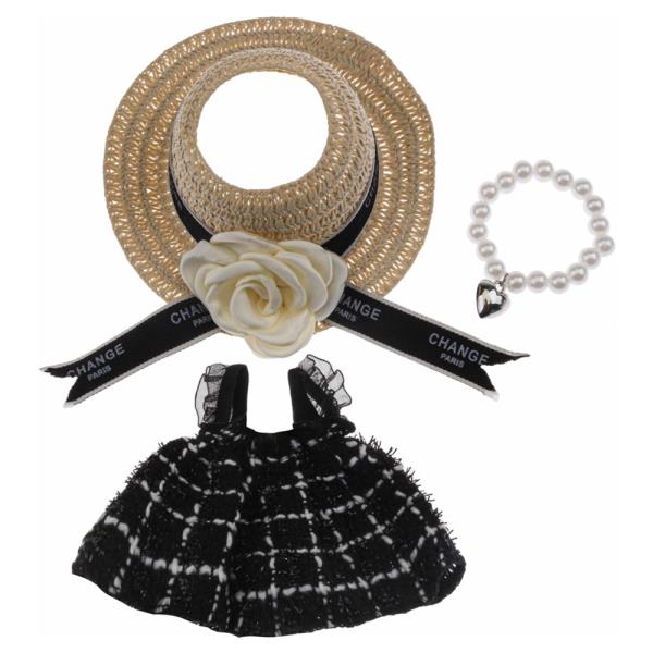 MINI DOLL FLOWER DECOR STRAW HAT CHECK PATTERN DRESS PEARL BRACELET OUTFIT SET