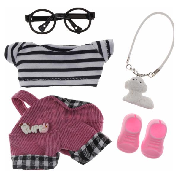 MINI DOLL STRIPE TEE OVERALLS DOG NECKLACE SHOES OUTFIT SET
