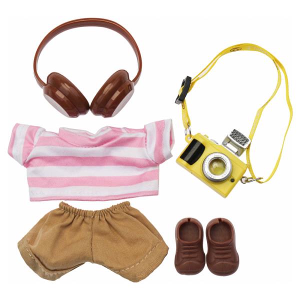 MINI DOLL STRIPE T-SHIRT SHORTS HEADPHONE CAMERA SHOES OUTFIT SET