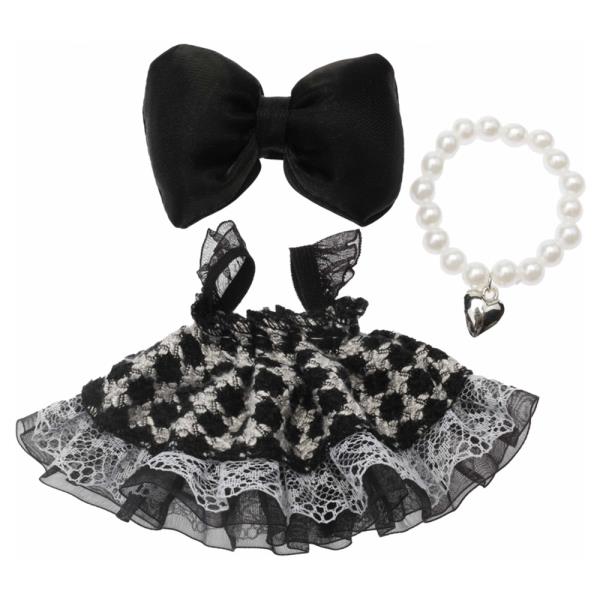 MINI DOLL CROCHET LACE TRIM DRESS BOW HAIR CLIP PEARL NECKLACE OUTFIT SET