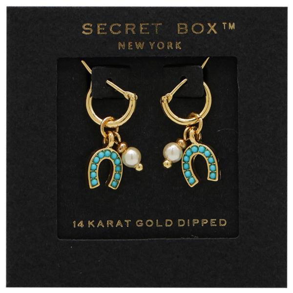 SECRET BOX HORSESHOE CHARM HUGGIE HOOP EARRING