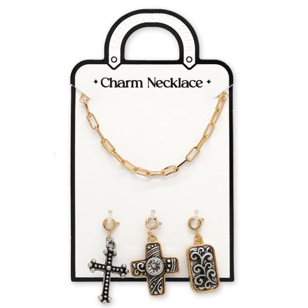 FILIGREE PATTERN CROSS CHARMS OVAL LINK NECKLACE