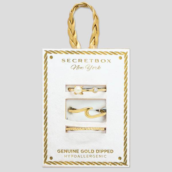 SECRET BOX PEARL BEAD ASSORTED GENUINE GOLD DIPPED RING SET