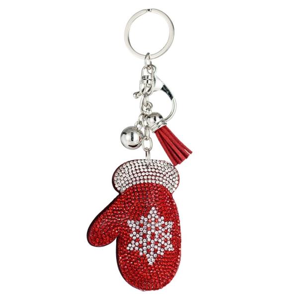 RHINESTONE CHRISTMAS GLOVE BAG CHARM KEYCHAIN WITH TASSEL