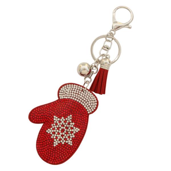 RHINESTONE CHRISTMAS GLOVE BAG CHARM KEYCHAIN WITH TASSEL