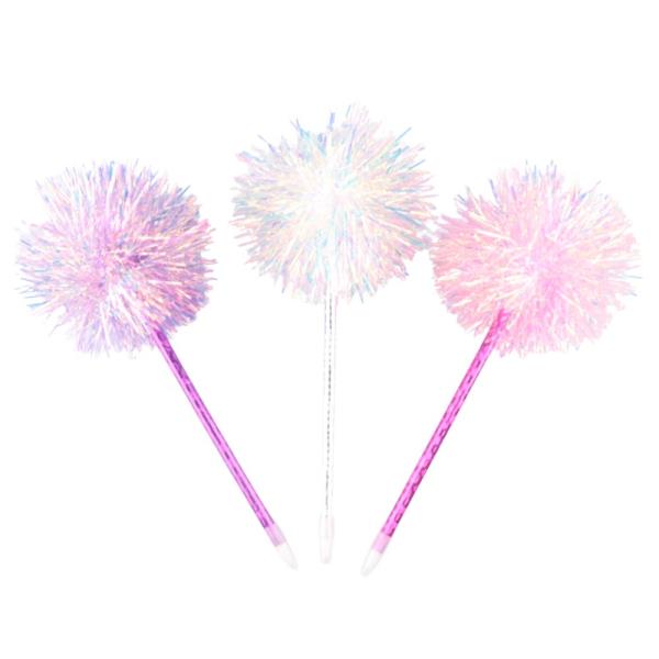 METALLIC POM POM FLUFFY TOP STICK BALLPOINT PEN (12 UNITS)