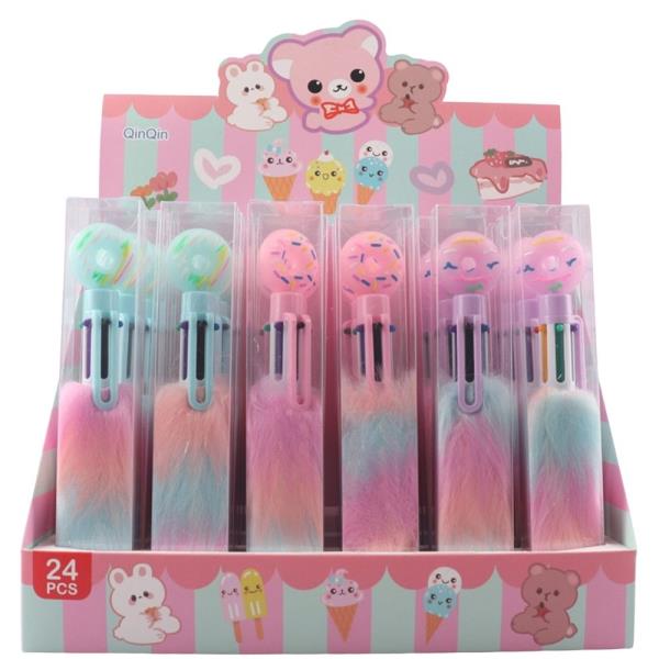 KAWAII DONUT TOP RAINBOW FUR MULTI-COLOR GEL PEN (24 UNITS)